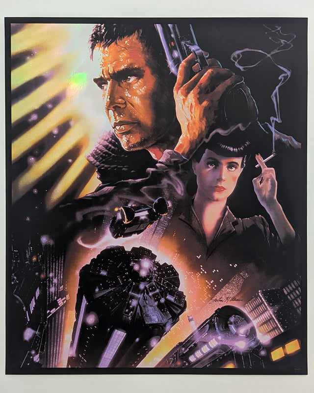 BLADE RUNNER (art print foil 2020) by John AlvinLimited edition hand-pulled screen print of movie poster art for Ridley Scott's 1982 sci-fi noir masterpiece Blade Runner, created by legendary Hollywood poster artist John Alvin. This officially licensed mo