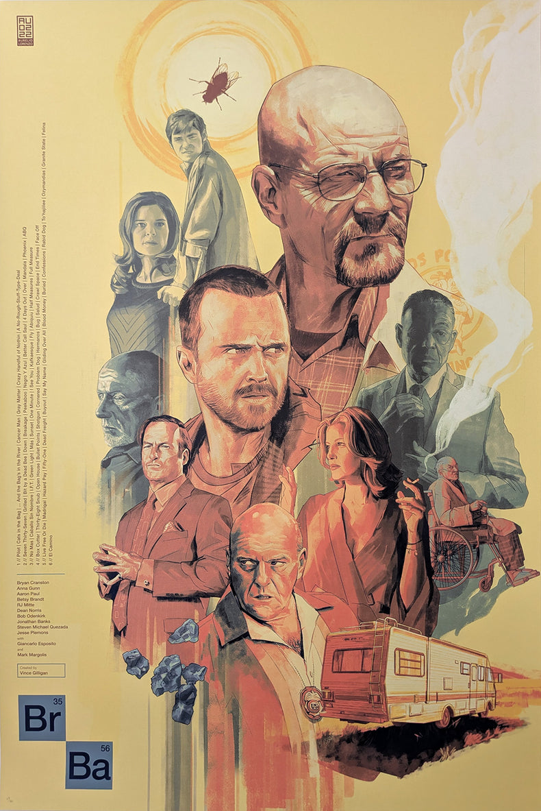 Breaking Bad by Aurelio Lorenzo - Limited Edition Vince Gilligan AMPLimited edition Breaking Bad screen print by Aurelio Lorenzo. Hand-numbered silkscreen, edition of 100. Vince Gilligan AMC series, 24x36 inches, mint.