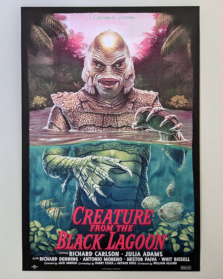 Creature From the Black Lagoon by Tom Walker - Limited Edition Regular Jack Arnold AMPLimited edition Creature From the Black Lagoon screen print by Tom Walker. Hand-numbered silkscreen, regular edition of 175. Universal Monsters, 24x36, mint.