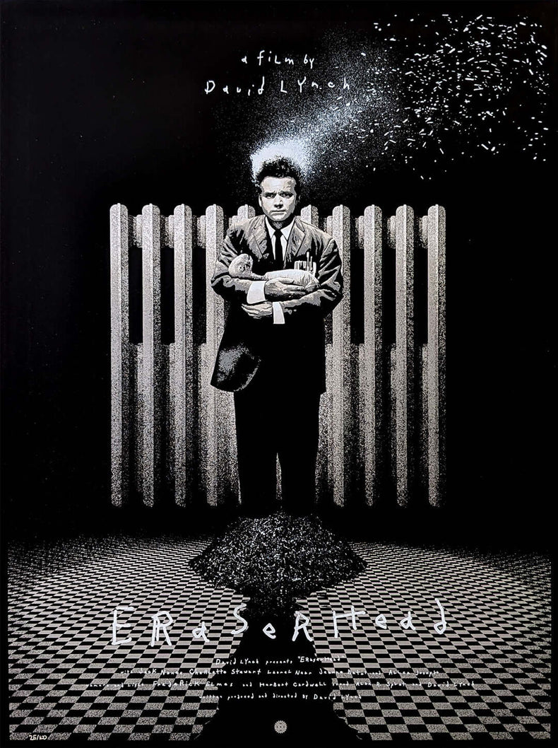 Limited edition screen print of ERASERHEAD by Marko Manev featuring a surrealist design inspired by David Lynch's film.