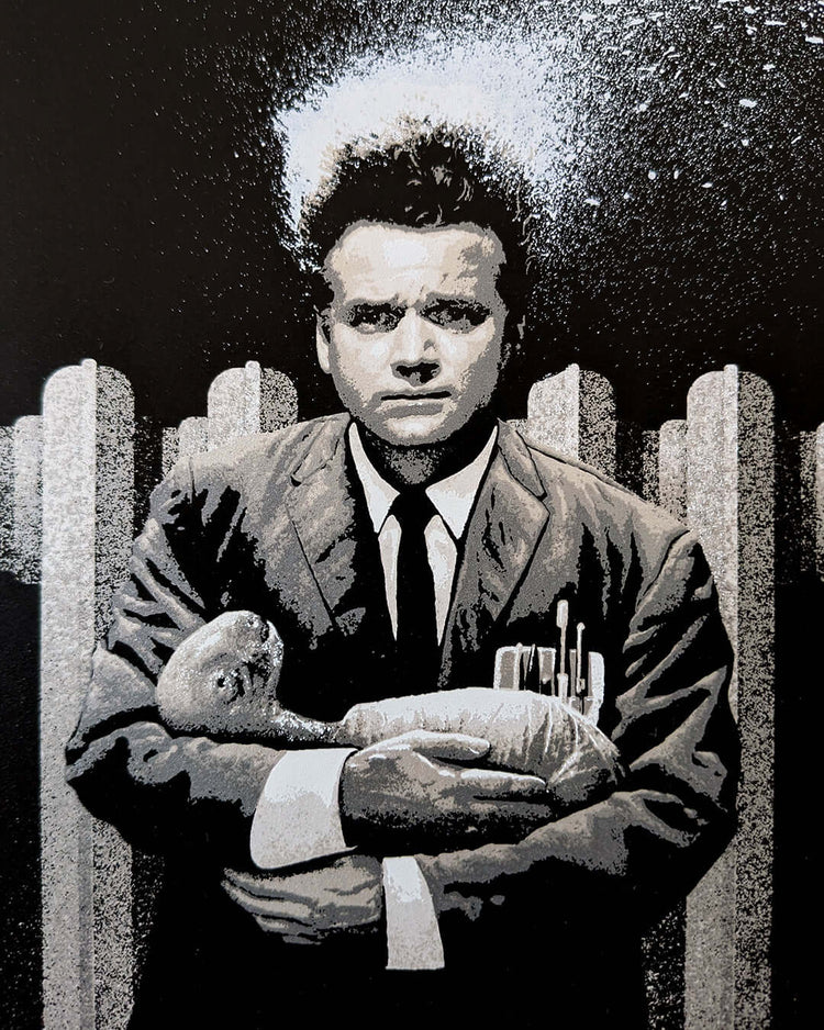 ERASERHEAD by Marko Manev limited edition screen print, featuring iconic scene with character holding a baby.