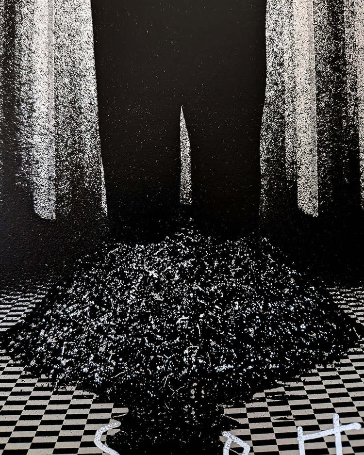 Limited edition screen print of ERASERHEAD by Marko Manev featuring a surreal figure in stark contrast.