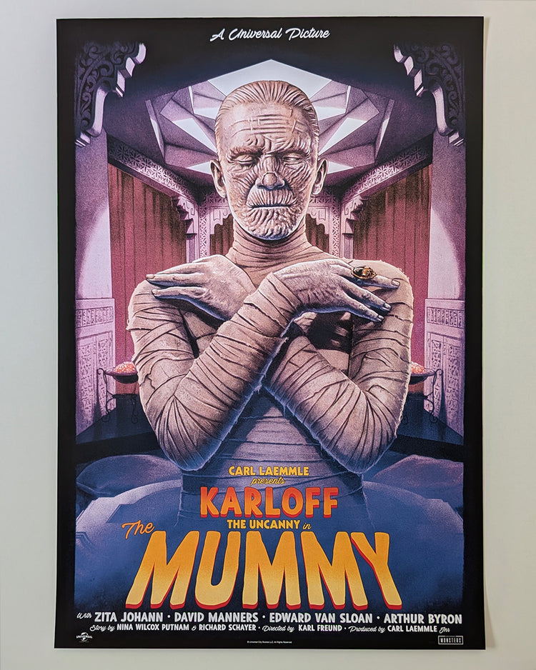 The Mummy by Tom Walker - Limited Edition Regular Karl Freund AMPLimited edition The Mummy screen print by Tom Walker. Hand-numbered silkscreen, regular edition of 175. Universal Monsters 1932 classic, 24x36 inches, mint.