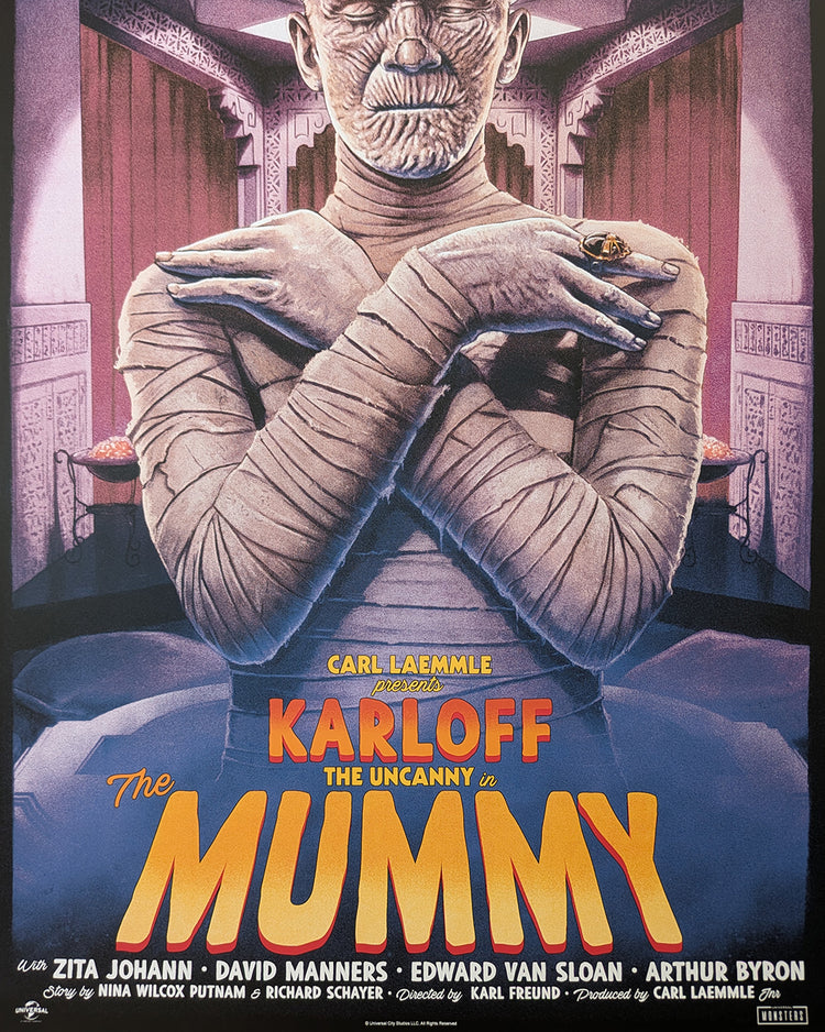 The Mummy by Tom Walker - Limited Edition Regular Karl Freund AMPLimited edition The Mummy screen print by Tom Walker. Hand-numbered silkscreen, regular edition of 175. Universal Monsters 1932 classic, 24x36 inches, mint.
