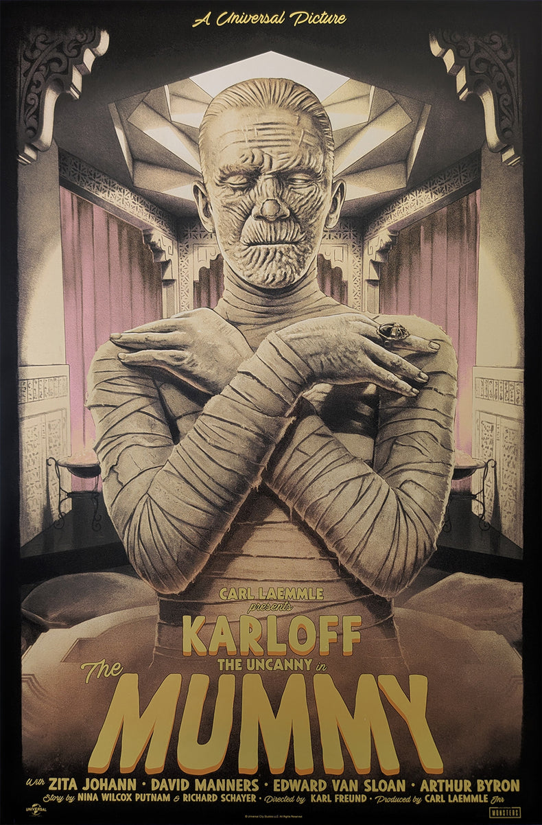 The Mummy by Tom Walker - Limited Edition Gold Foil Variant AMP Karl FreundLimited edition The Mummy screen print by Tom Walker. Hand-numbered silkscreen, gold foil variant edition of 50. Universal Monsters 1932 classic, mint.