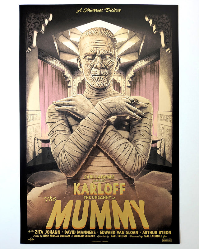 The Mummy by Tom Walker - Limited Edition Gold Foil Variant AMP Karl FreundLimited edition The Mummy screen print by Tom Walker. Hand-numbered silkscreen, gold foil variant edition of 50. Universal Monsters 1932 classic, mint.