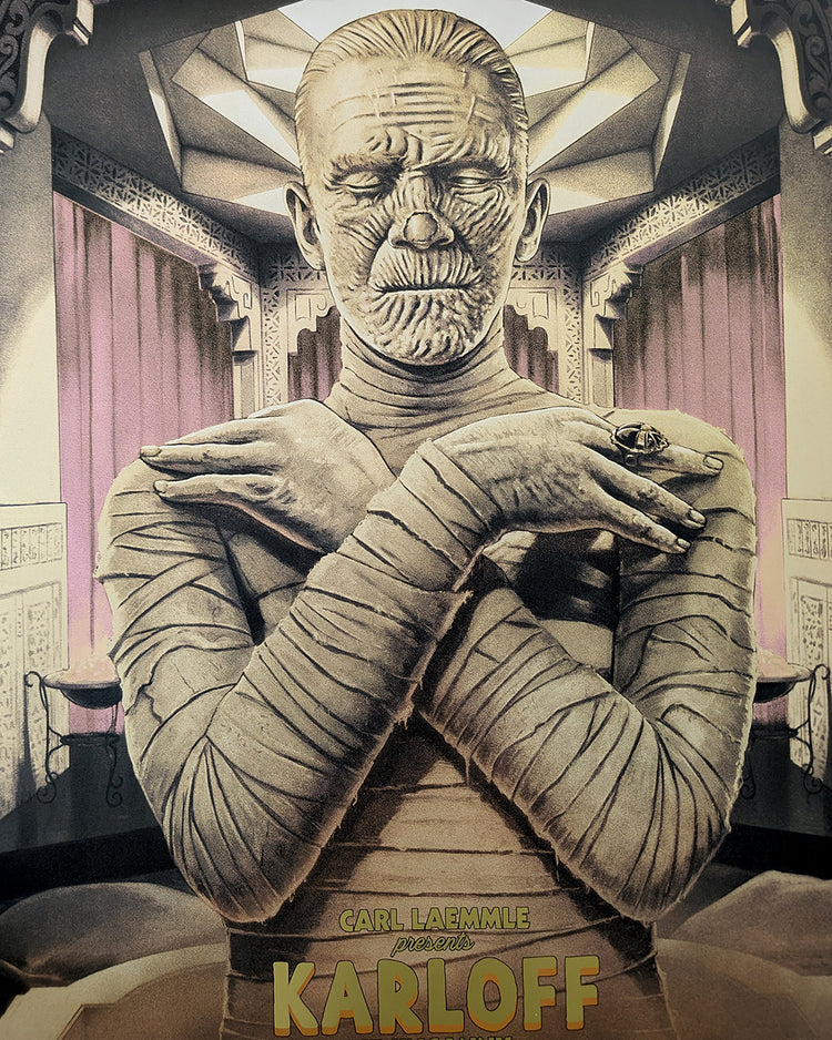 The Mummy by Tom Walker - Limited Edition Gold Foil Variant AMP Karl FreundLimited edition The Mummy screen print by Tom Walker. Hand-numbered silkscreen, gold foil variant edition of 50. Universal Monsters 1932 classic, mint.