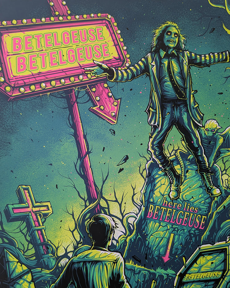 Beetlejuice by Dan Mumford - Limited Edition Regular Tim Burton AMPLimited edition Beetlejuice screen print by Dan Mumford. Hand-numbered silkscreen, regular edition of 250. Hero Complex Gallery, 18x24 inches, mint.