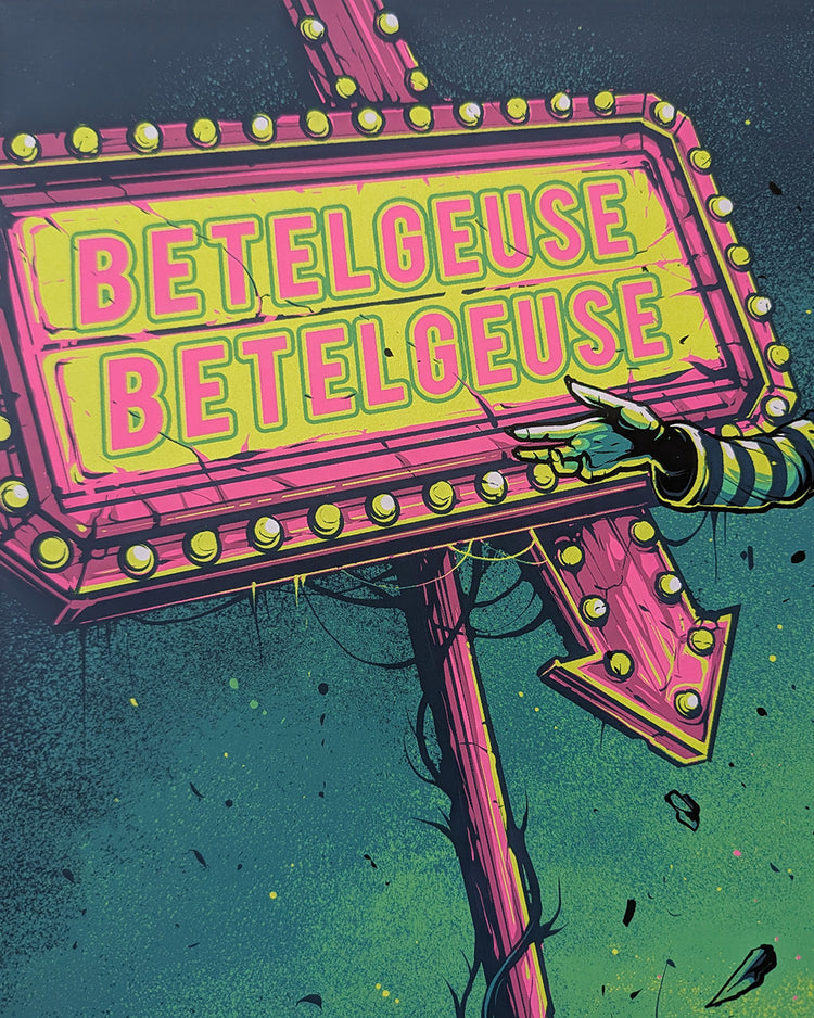 Beetlejuice by Dan Mumford - Limited Edition Regular Tim Burton AMPLimited edition Beetlejuice screen print by Dan Mumford. Hand-numbered silkscreen, regular edition of 250. Hero Complex Gallery, 18x24 inches, mint.