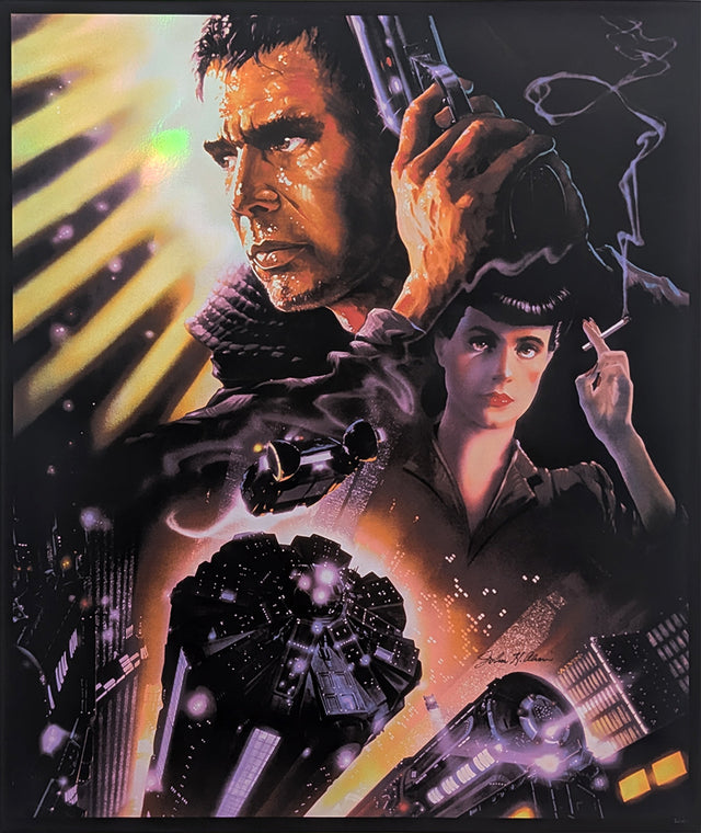 BLADE RUNNER (art print foil 2020) by John AlvinLimited edition hand-pulled screen print of movie poster art for Ridley Scott's 1982 sci-fi noir masterpiece Blade Runner, created by legendary Hollywood poster artist John Alvin. This officially licensed mo