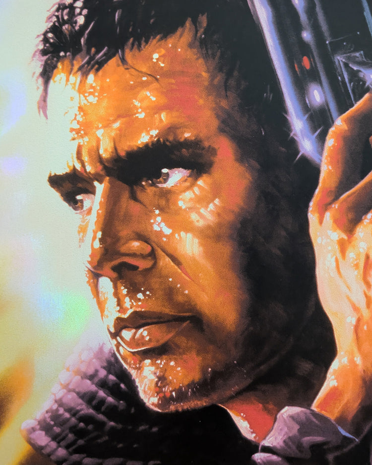 BLADE RUNNER (art print foil 2020) by John AlvinLimited edition hand-pulled screen print of movie poster art for Ridley Scott's 1982 sci-fi noir masterpiece Blade Runner, created by legendary Hollywood poster artist John Alvin. This officially licensed mo