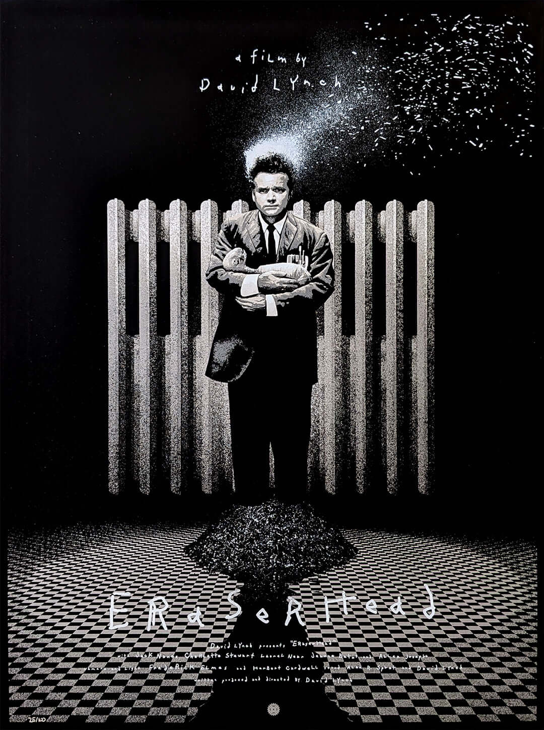 Limited edition screen print of ERASERHEAD by Marko Manev featuring a surrealist design inspired by David Lynch's film.