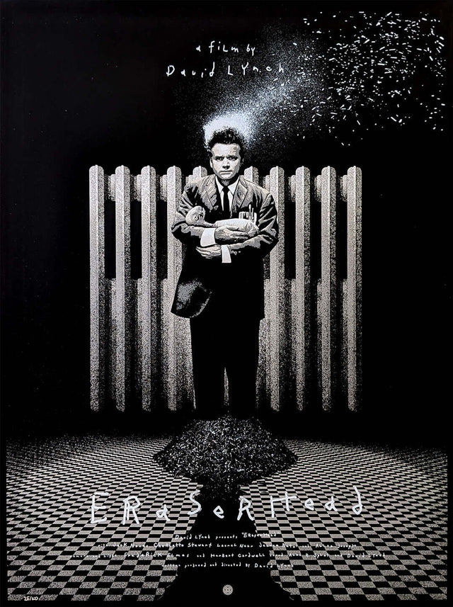 Limited edition screen print of ERASERHEAD by Marko Manev featuring a surrealist design inspired by David Lynch's film.