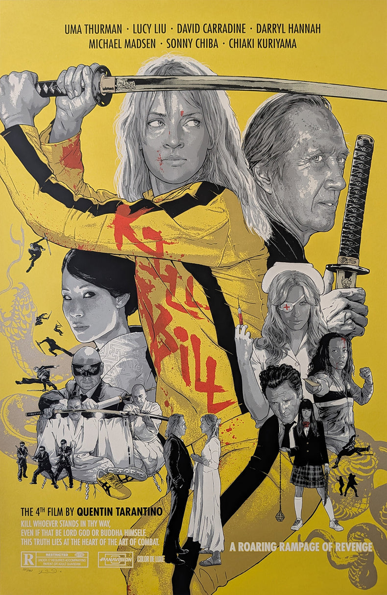 Kill Bill Vol. 1 by Joshua Budich - Limited Edition Quentin Tarantino AMPLimited edition Kill Bill Vol. 1 screen print by Joshua Budich. Hand-numbered 9-color silkscreen, edition of 100. Nakatomi Inc., 24x36 inches, mint.