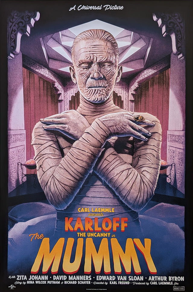 The Mummy by Tom Walker - Limited Edition Regular Karl Freund AMPLimited edition The Mummy screen print by Tom Walker. Hand-numbered silkscreen, regular edition of 175. Universal Monsters 1932 classic, 24x36 inches, mint.