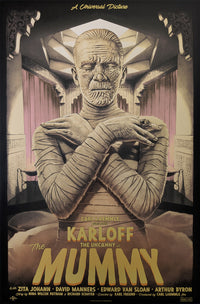 The Mummy by Tom Walker - Limited Edition Gold Foil Variant AMP Karl FreundLimited edition The Mummy screen print by Tom Walker. Hand-numbered silkscreen, gold foil variant edition of 50. Universal Monsters 1932 classic, mint.