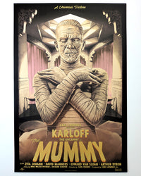 The Mummy by Tom Walker - Limited Edition Gold Foil Variant AMP Karl FreundLimited edition The Mummy screen print by Tom Walker. Hand-numbered silkscreen, gold foil variant edition of 50. Universal Monsters 1932 classic, mint.