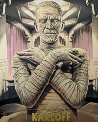 The Mummy by Tom Walker - Limited Edition Gold Foil Variant AMP Karl FreundLimited edition The Mummy screen print by Tom Walker. Hand-numbered silkscreen, gold foil variant edition of 50. Universal Monsters 1932 classic, mint.