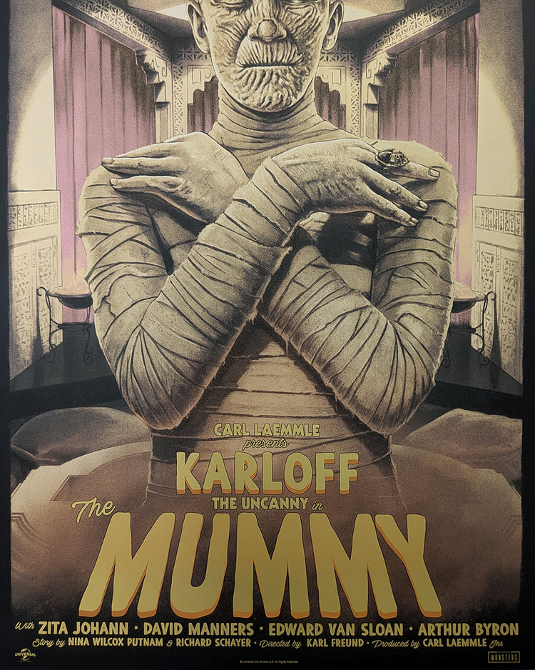 The Mummy by Tom Walker - Limited Edition Gold Foil Variant AMP Karl FreundLimited edition The Mummy screen print by Tom Walker. Hand-numbered silkscreen, gold foil variant edition of 50. Universal Monsters 1932 classic, mint.
